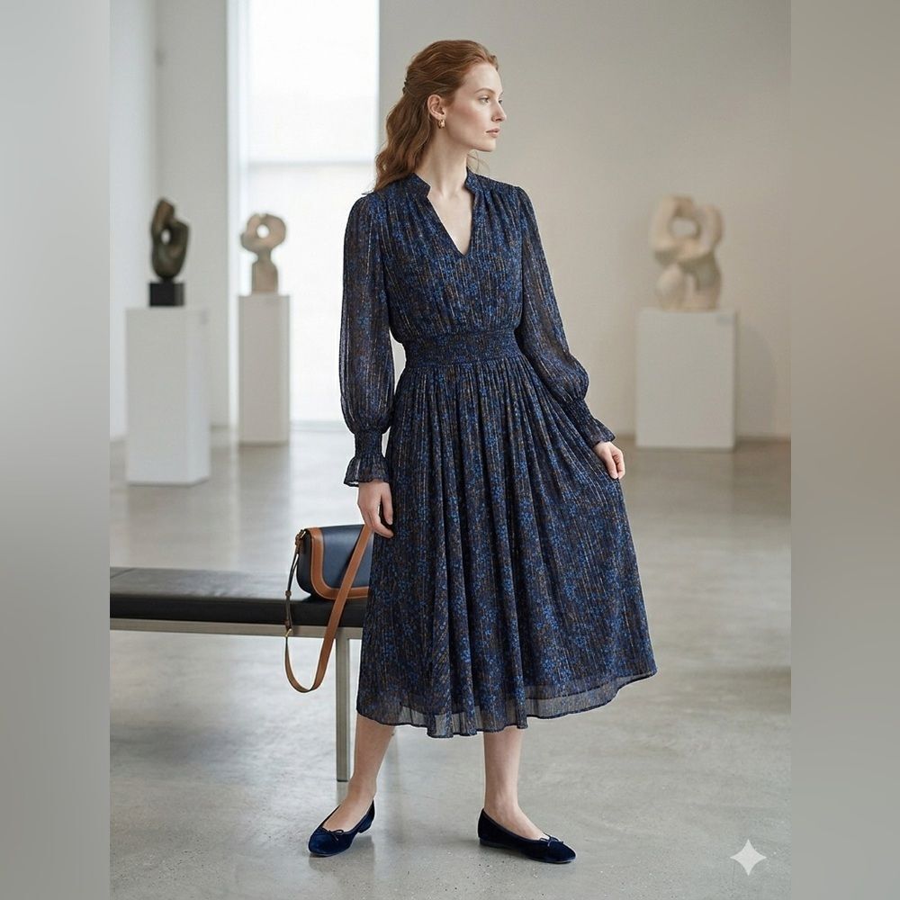 The Fold London | Metallic Silk Floral Midi Dress | Size 12